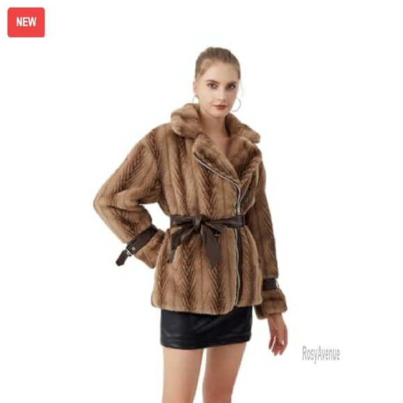 Faux Fur Cropped Jacket with Belted Waist and Leather Accents - Picture 6 of 8